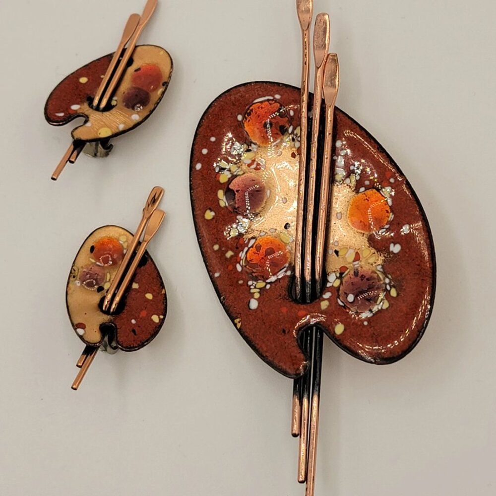 Vintage Signed Matisse Artist Palette Brooch and Clip-on Earring Set